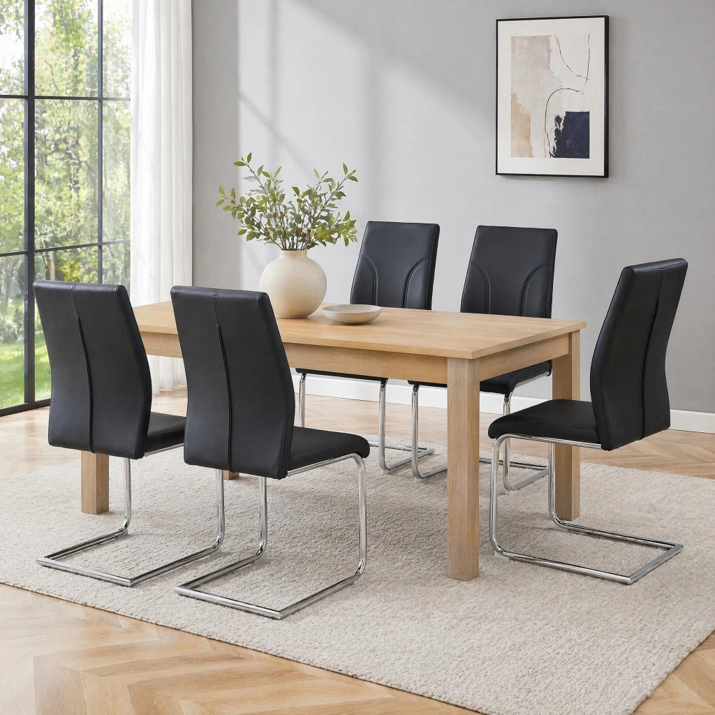 Sedia da Pranzo Set da 2 con Seduta Imbottita e Gambe in Metallo, in PU Nero e Argento 59 × 35.5 × 46 cm