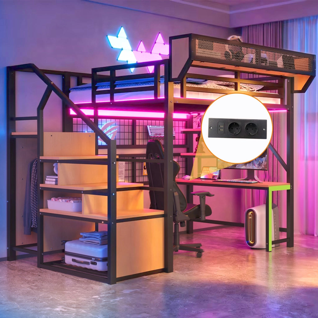 Letto a soppalco 140 × 200 cm con scrivania, ripiani, led e prese, senza materasso, metallo, nero
