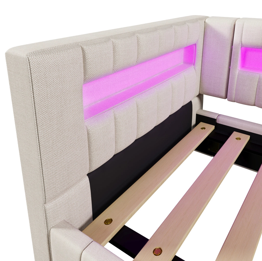 Letto da giorno beige 90x200 cm con vano idraulico, LED, USB e Type-C