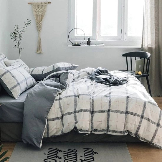 Set di lenzuola per letto, 140 x 200 cm, nero, bianco, microfibra, moderno, motivo a reticella, grigio/bianco, set di lenzuola reversibile con copriorto 70 x 90 cm, chiusura a zip