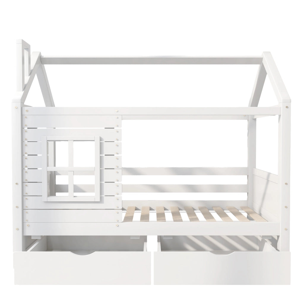 Letto per bambini a casetta 90x200 cm in legno massello di pino, bianco, con sponde, rete a doghe e 2 cassetti contenitore