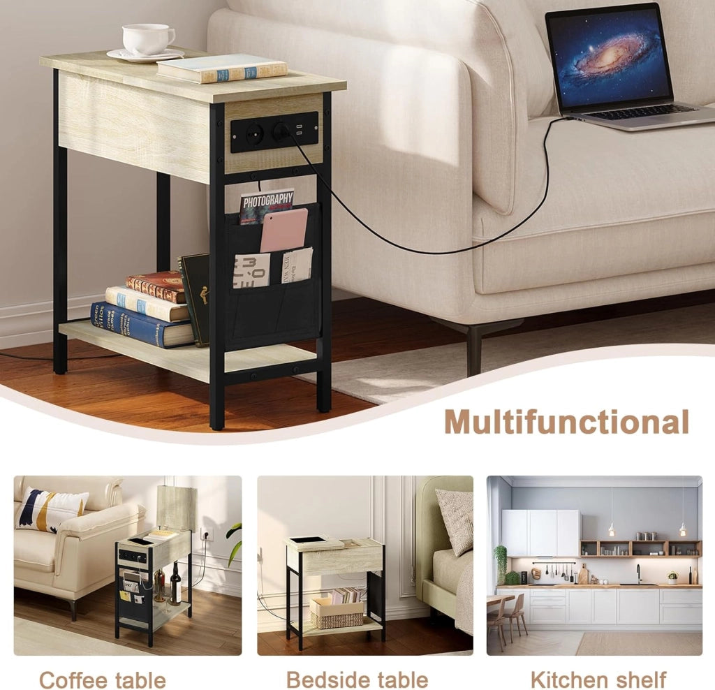 Tavolino da Salotto con Area di Ricarico, Tavolino da Divano Laterale, Comodino con Piano Ribaltabile, Scatola in Tessuto, 2 Prese e 2 Porta USB, Rovere Chiaro