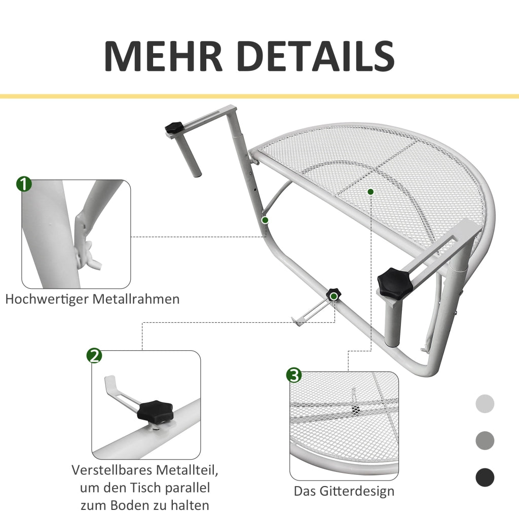 Tavolo da giardino a semicircolare regolabile in altezza per balcone ?30 cm per terrazza in metallo bianco L60 x L45 x H50 cm