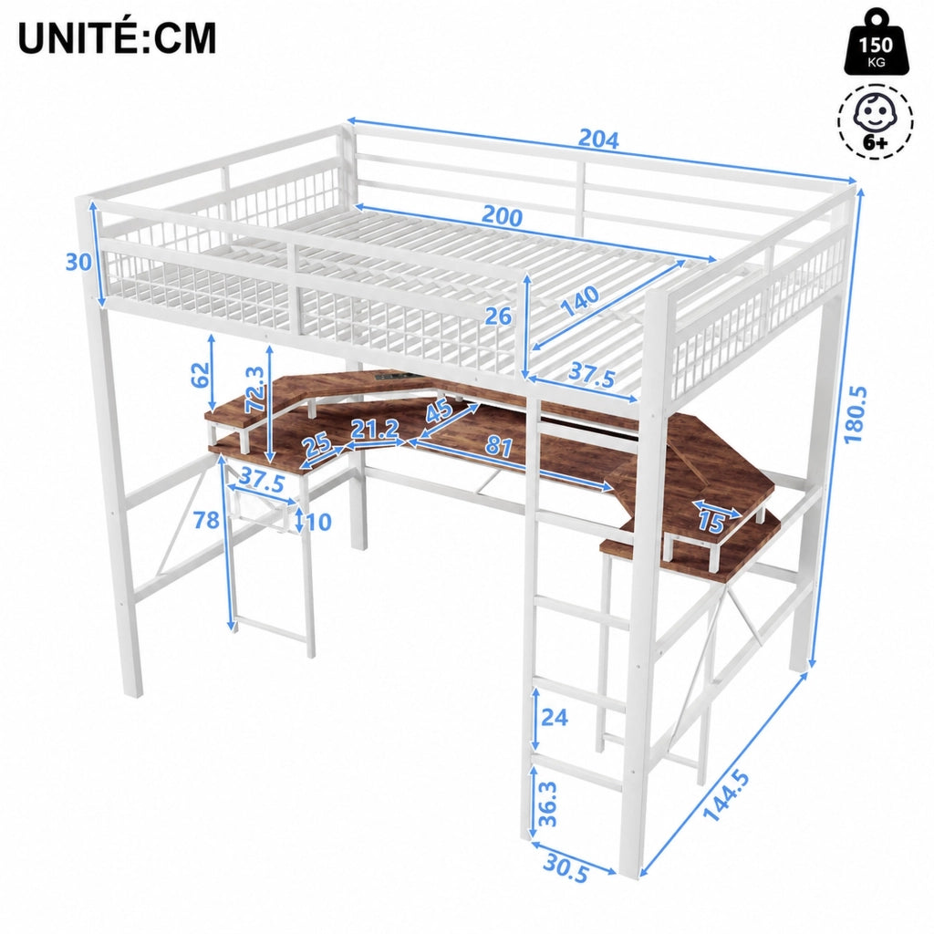 DESMIU Letto a Soppalco 2 Posti con Scrivania, LED, USB e Prese 140 × 200 cm, Senza Materasso, Bianco