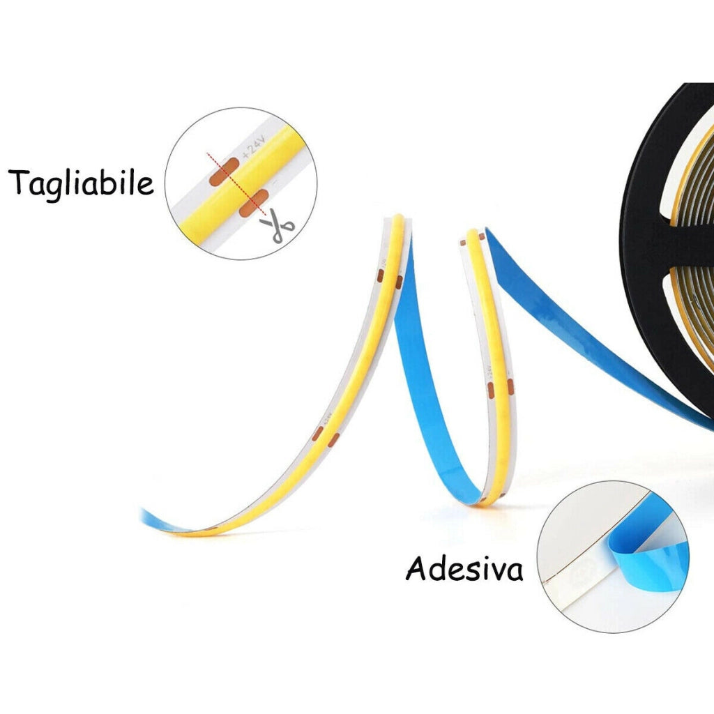 STRISCIA COB LED ADESIVA 5M LUCE FREDDA 40W TAGLIABILE FLESSIBILE COB320 12V