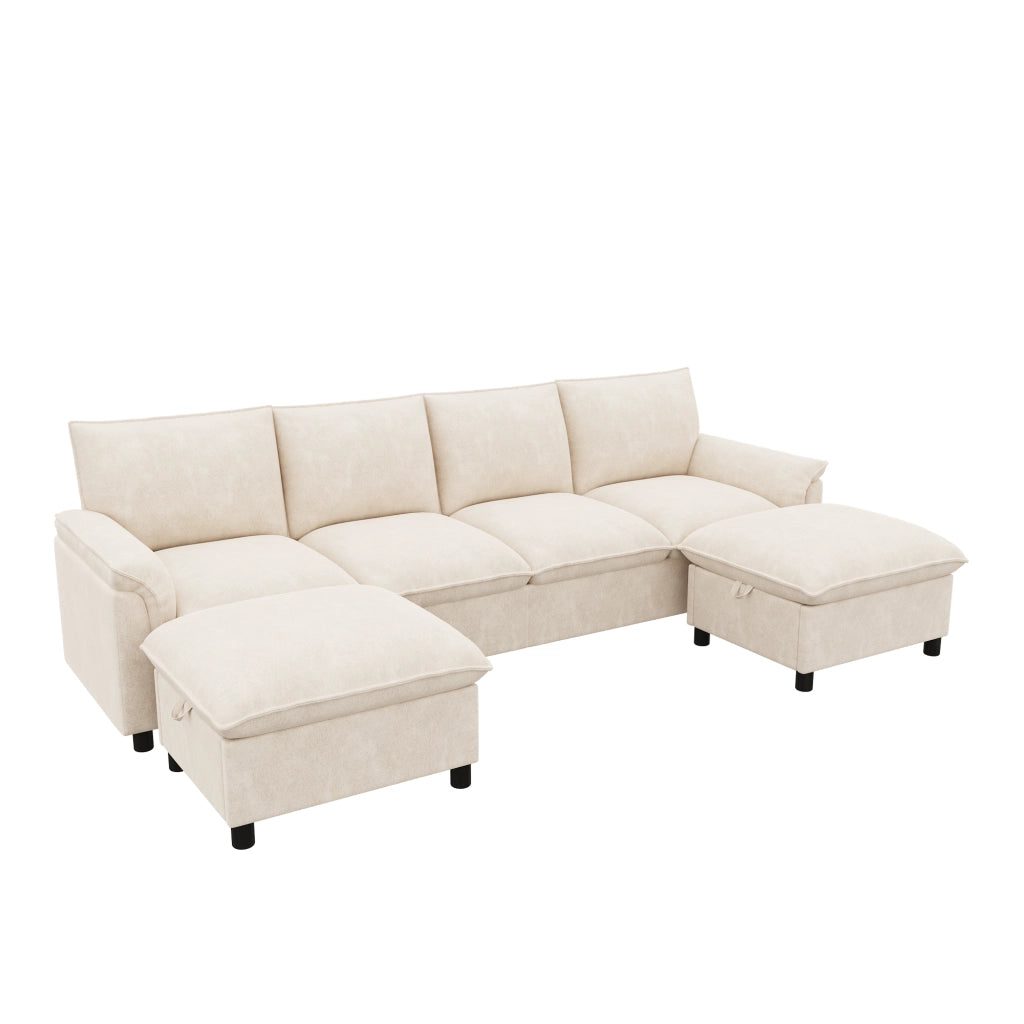 Divano angolare modulare con 2 pouf contenitore e schienale alto in chenille beige