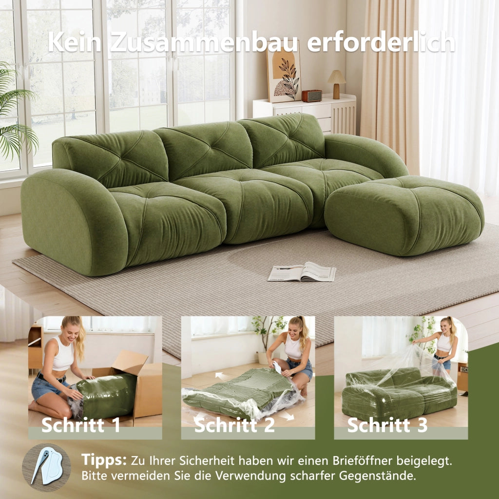 Divano modulare a L in chenille senza telaio con schiuma 32D e base antiscivolo, per soggiorno, verde