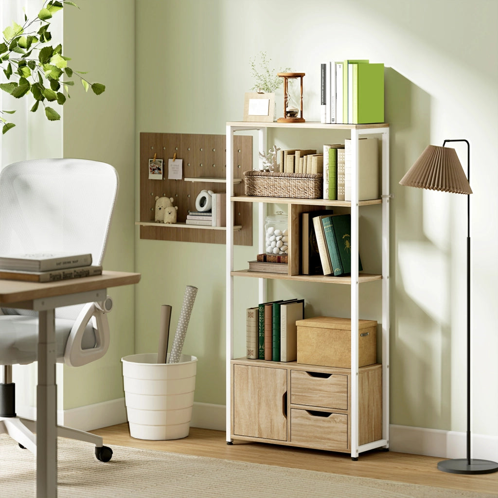 Libreria Scaffale per Libri con Ripiani e Ante ¨C Minimal ¨C 58x24x122 Bianco Legno Naturale Stile Industriale