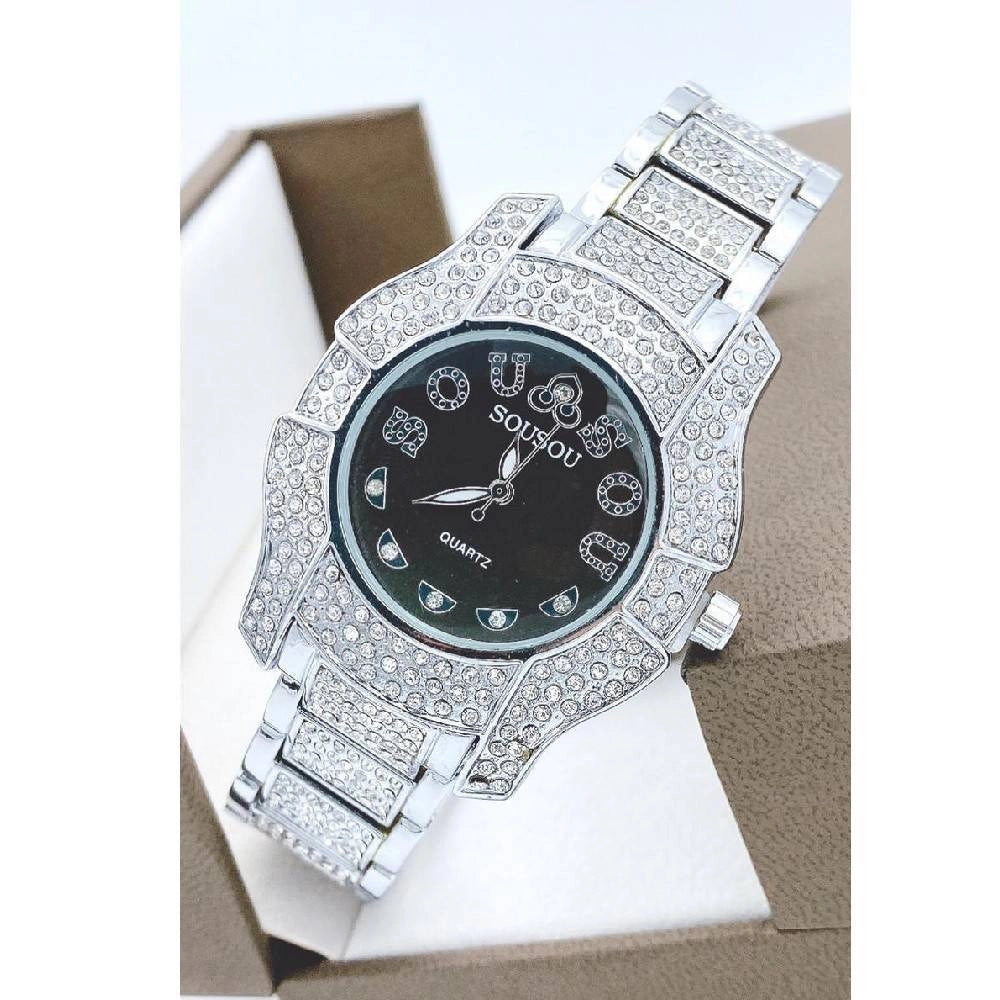 Trade Shop - Orologio Da Polso Sousou S6011 Quarzo Acciaio Moda Brillantini Silver Fondo Nero -