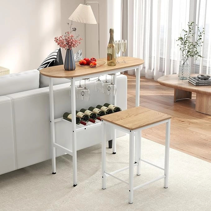 Tavolo da Pranzo con 2 Sgabelli, Tavolino e Sedie con Portabottiglie, Poggiapiedi e Struttura in Metallo, Mobili da Cucina per Bar, Bistro e Soggiorno (Naturale e Bianco)
