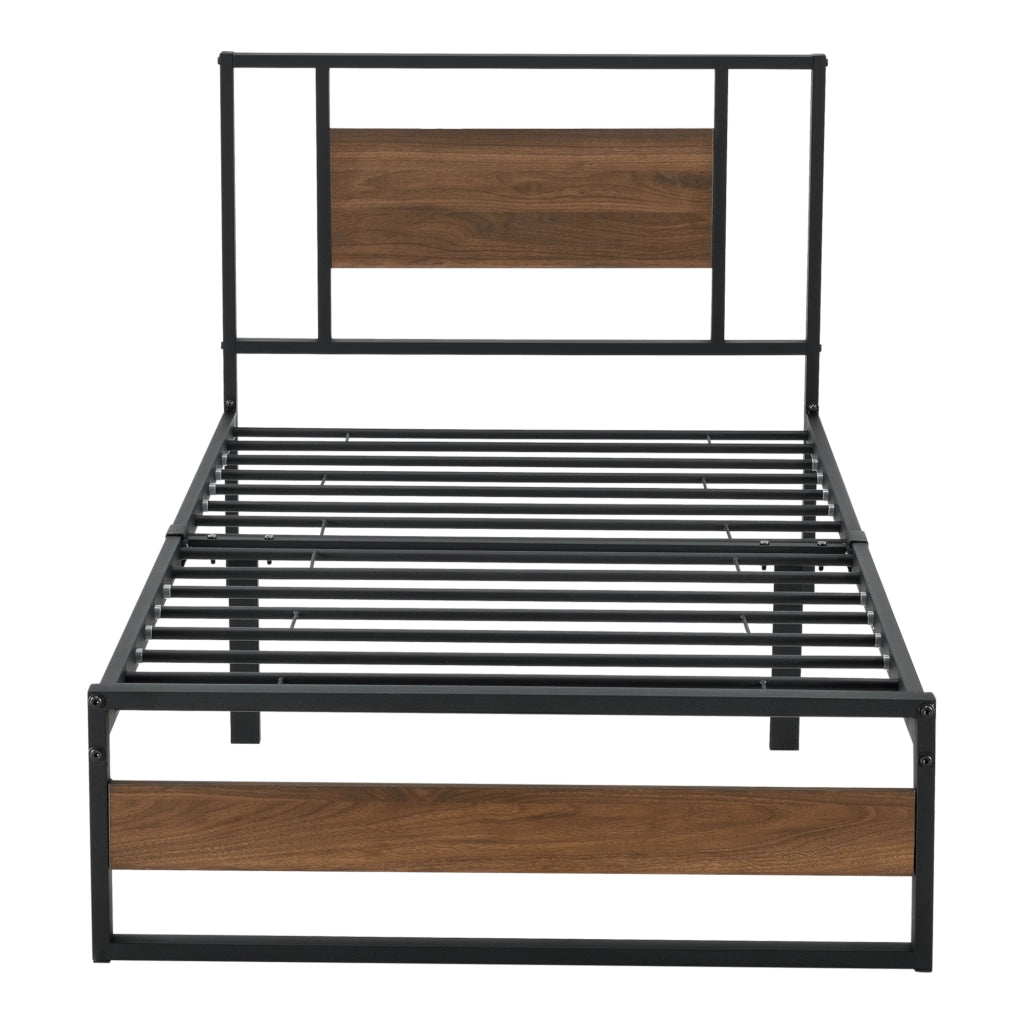 Letto in Acciaio con Materasso a Schiuma Fredda 200 x 90 cm Letto Singolo in Stile Moderno con Elementi Decorativi in Effetto Legno di Color Noce  - Struttura Nera