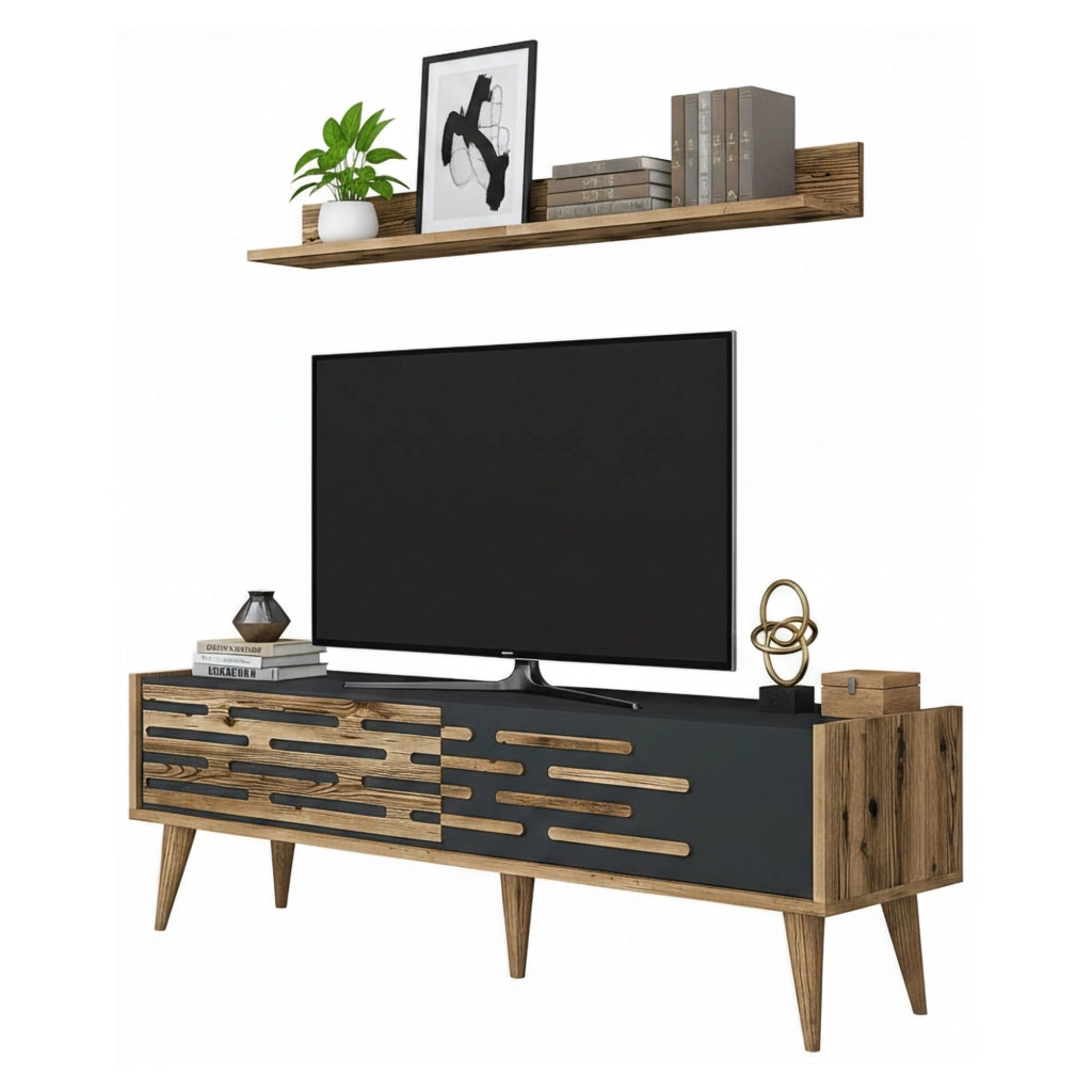 Mobile porta TV Arsiero, Credenza da soggiorno, Armadio basso per TV, Base parete attrezzata, 140x45h35 cm, Noce e Antracite