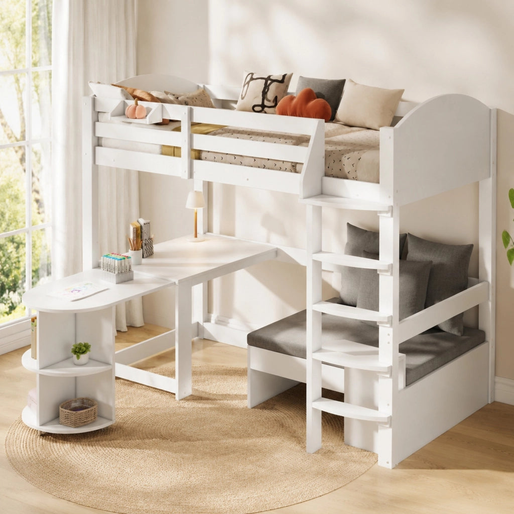 Letto a castello per bambini 90x200 cm in legno massiccio bianco con scrivania estraibile e contenitore