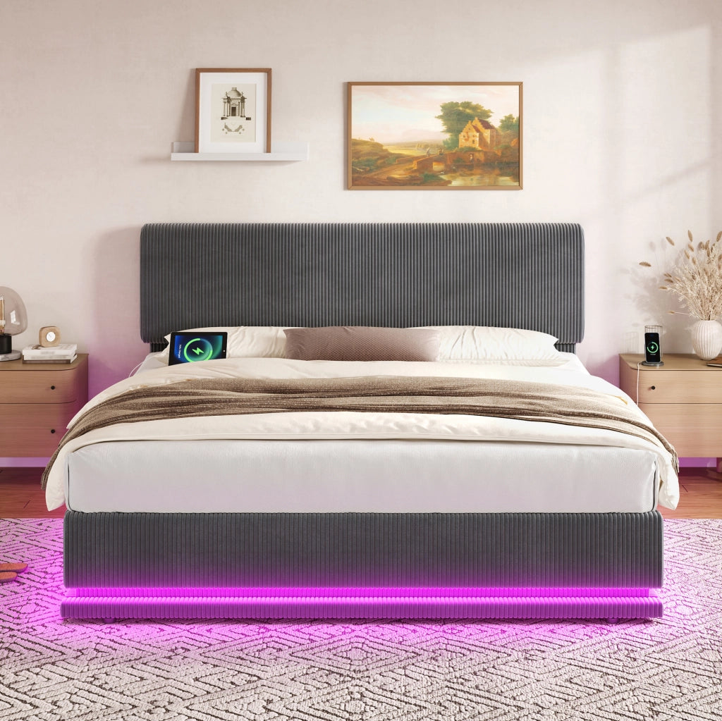 Letto imbottito 160x200 cm grigio scuro con LED e USB-C