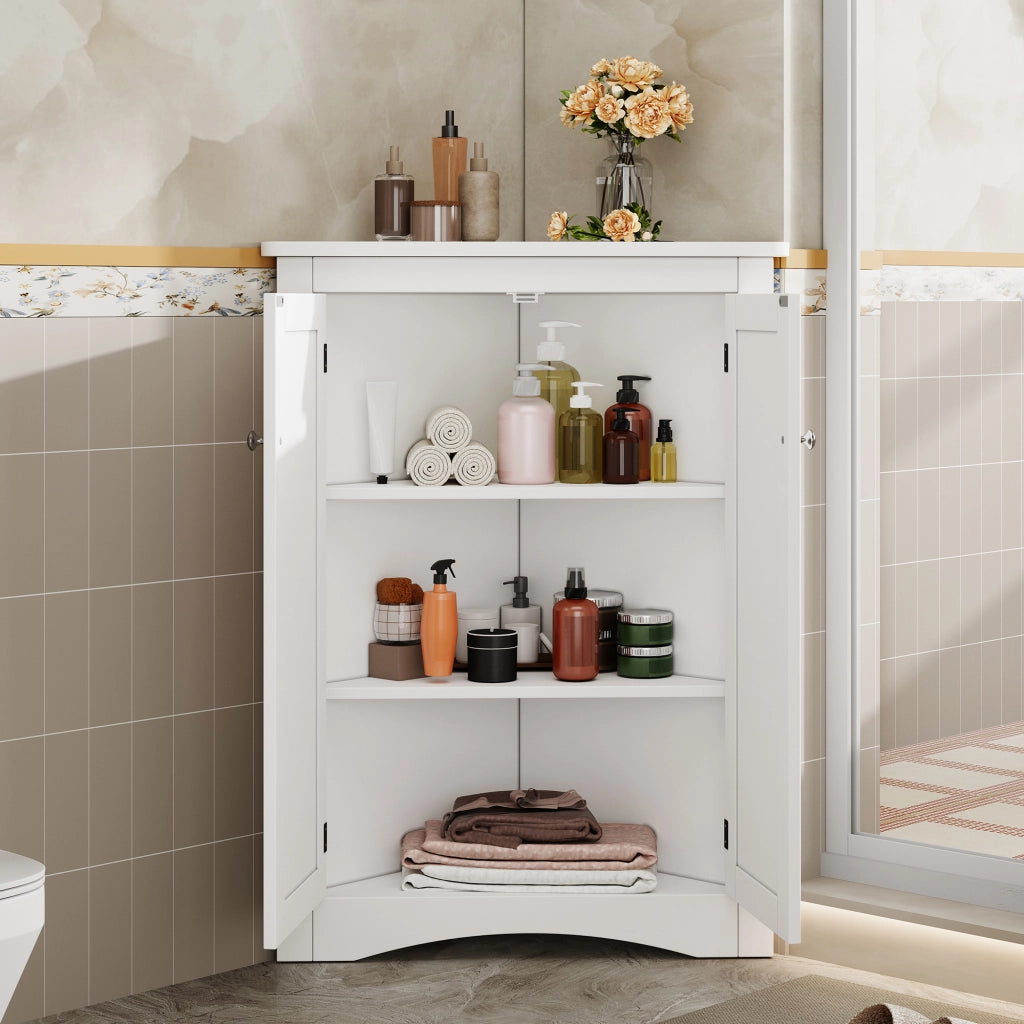 Mobile angolare da bagno con 2 ante e 2 ripiani; per bagno; in MDF; 61.5×80 cm; bianco