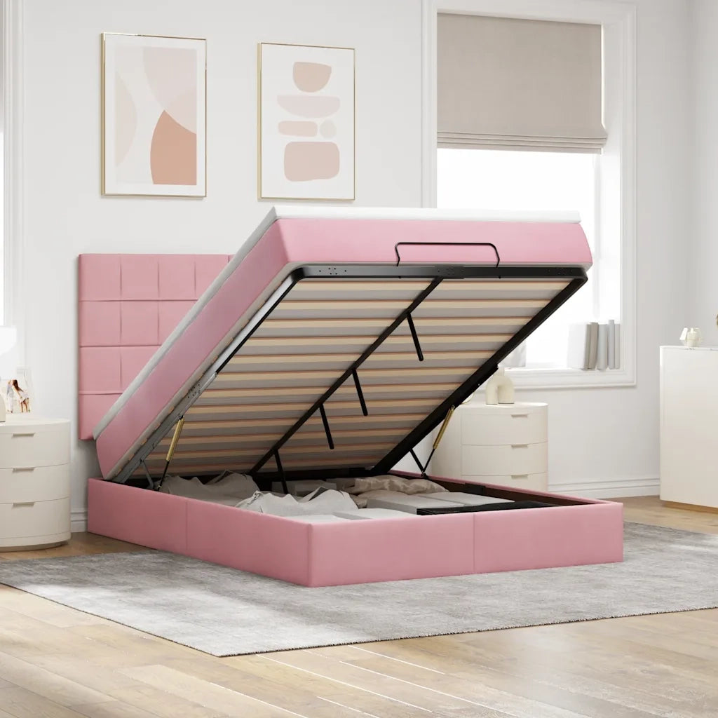 Struttura Letto Pouf con Materassi Rosa 140x190 cm in Velluto