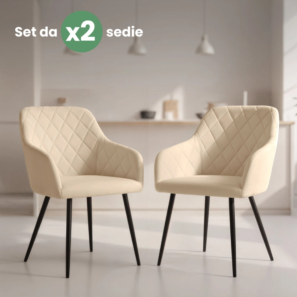 Set di 2 Sedie in velluto con cuciture a rombi VELTO Beige gambe nere