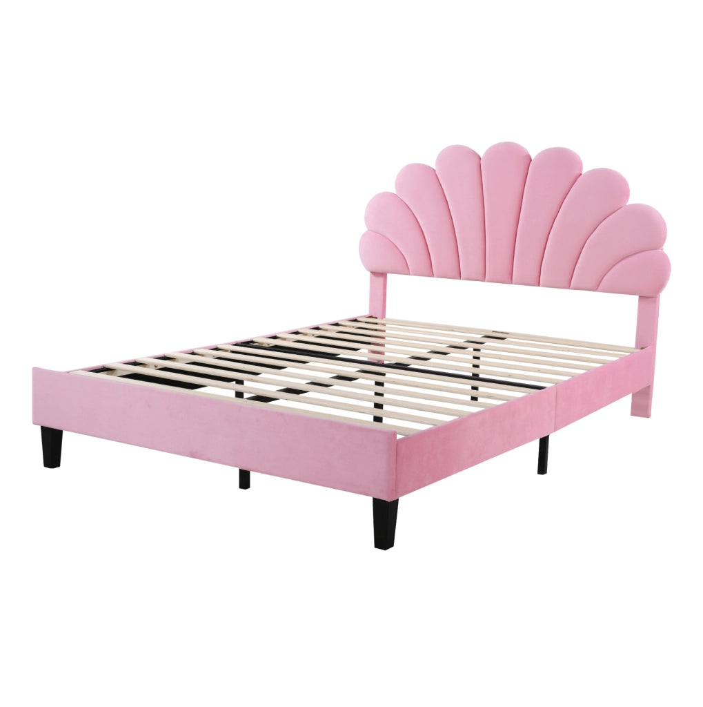 Letto matrimoniale imbottito 140x200 cm con testiera a fiori; velluto rosa; rete a doghe