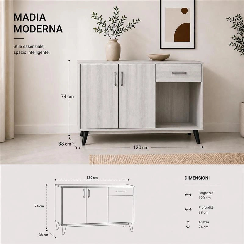 MOBILE IN MDF COLOR BIANCO LEGNO CON DUE ANTE, RIPIANO E CASSETTO MISURE: 120X38X74CM