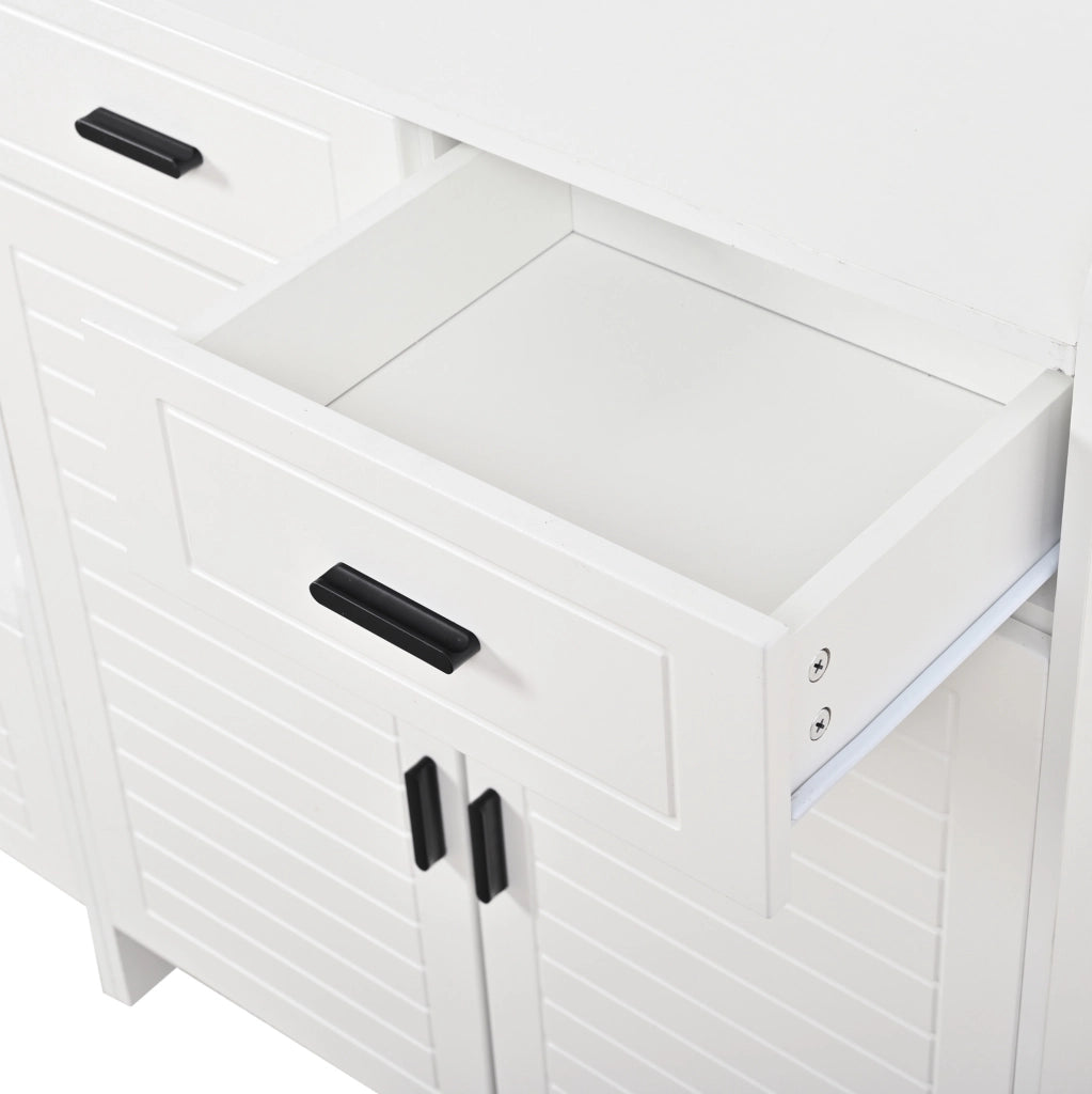 Garderobiera 125x36x165 cm con 8 ganci; 2 ante; 2 cassetti e 6 ripiani in MDF e truciolato bianco