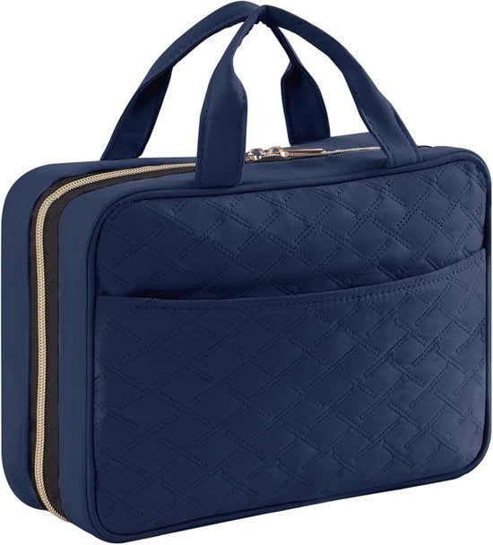 Organizzatore di trucco appeso per donne, trasparente per viaggi con chiodo per flaconi di dimensioni intere, medio, blu scuro