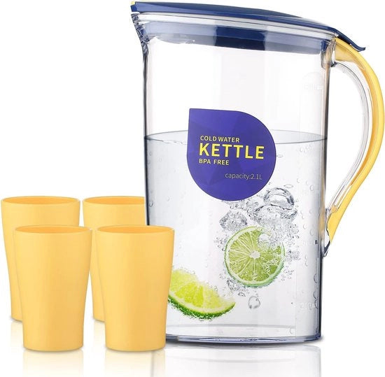Karaf con coperchio e 4 piccole tazze, adatto per tè, succo e bevande fredde, 2,1L, realizzato in PET trasparente, caraffa di plastica senza odore a fibre, BPA libero (giallo)