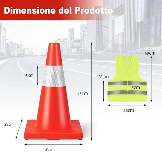 Set da 12 Coni Stradali con Gilet di Sicurezza, Coni Segnaletici Stradali con Strisce Refrigeranti, Birilli Stradali Riflettenti Luminosi in PVC Arancione Acceso per Traffico Guide Parcheggi