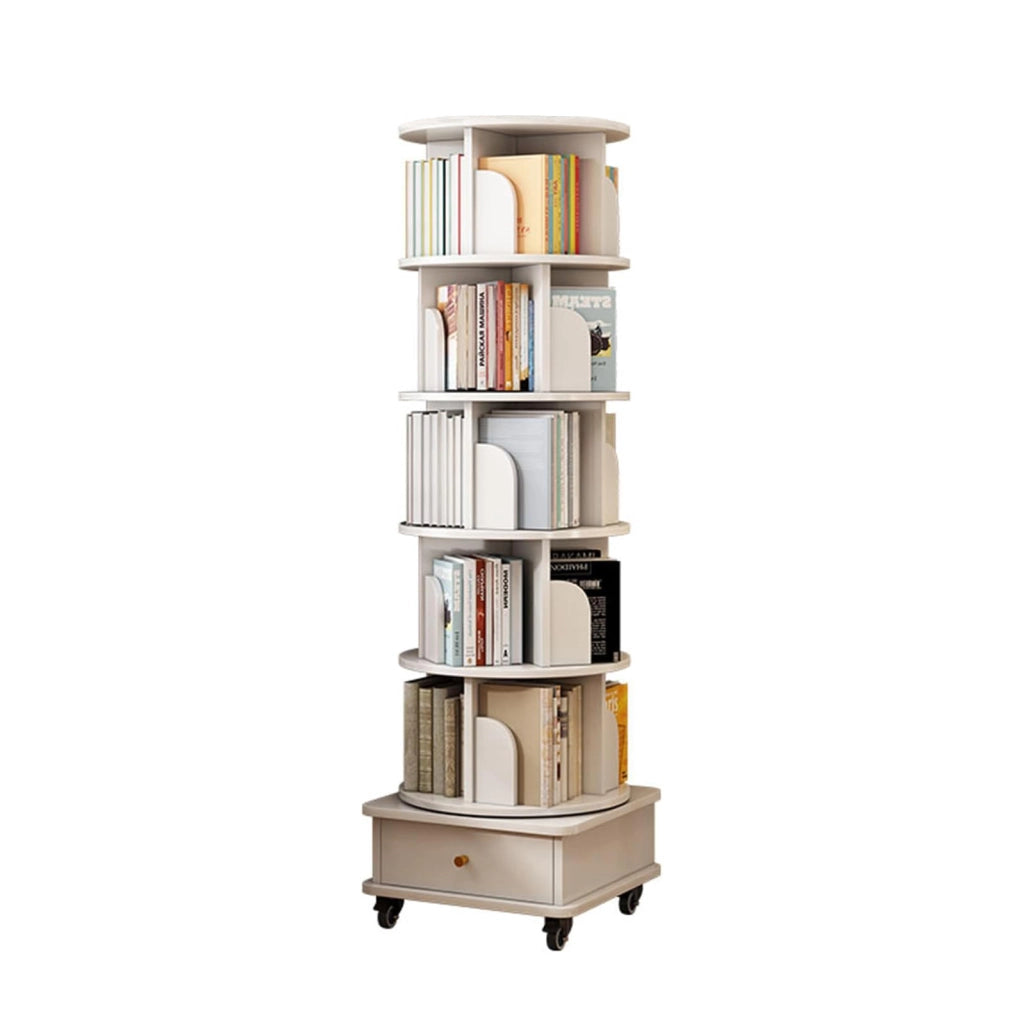 Libreria girevole 360° 46x56x173 cm in MDF bianco con cassetto –