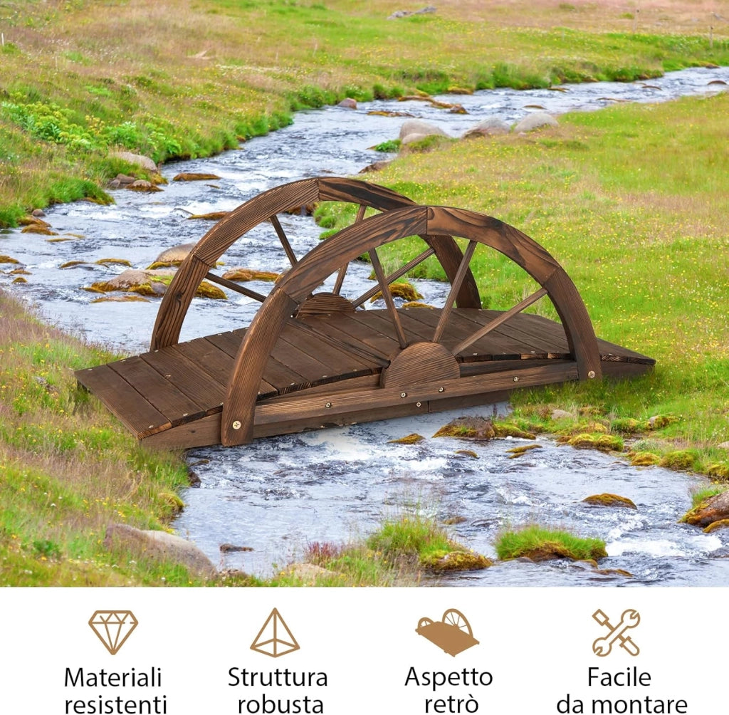 Ponte in Legno da Giardino, Ponte Decorativo per Giardino con Doppia Ringhiera a Mezza Ruota Costruzione, in Legno di Abete, capacità di Carico 75 kg