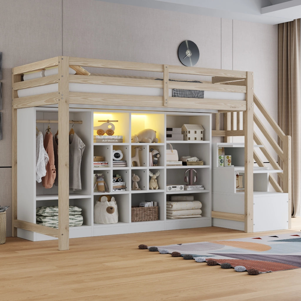 DESMIU Letto a soppalco 1 posto con vani, armadio e LED regolabile, 90 × 200 cm, senza materasso, legno bianco