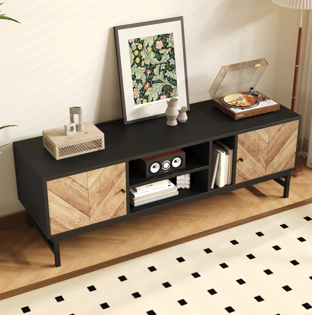 Mobile porta TV 150 cm nero e effetto legno con 2 ante e ripiani