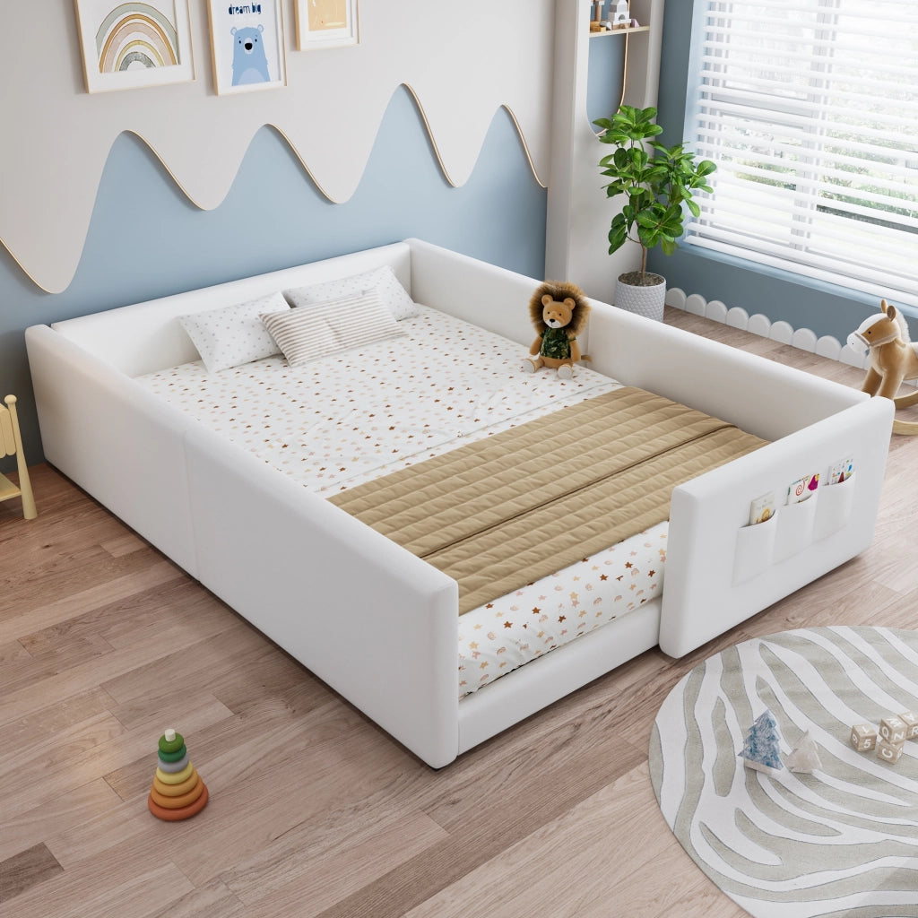 Letto per bambini 140x200 cm, in PU, con 3 tasche portaoggetti, bordi imbottiti, bianco