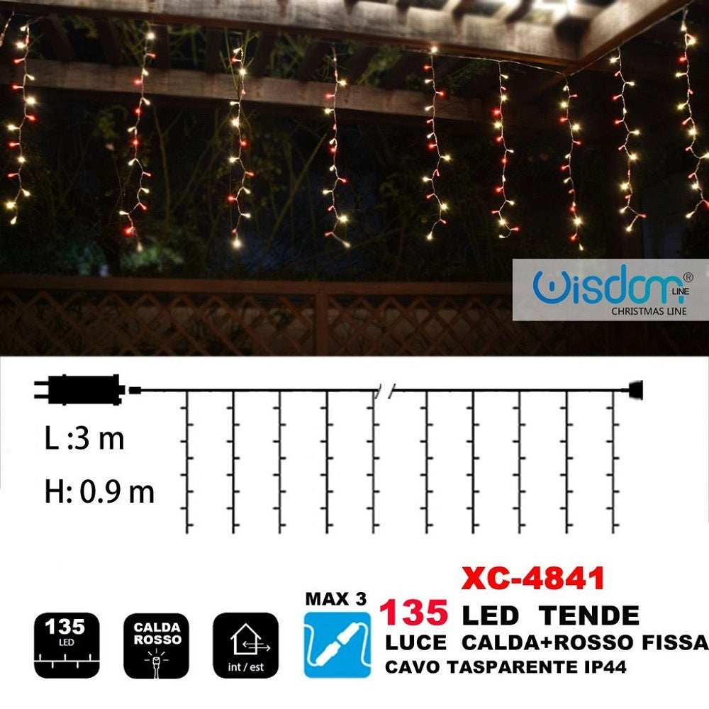 Trade Shop - Tenda Luminosa Natalizia 135 Led Luce Calda+rosso Fissa Cavo Trasparente Xc-4841 -