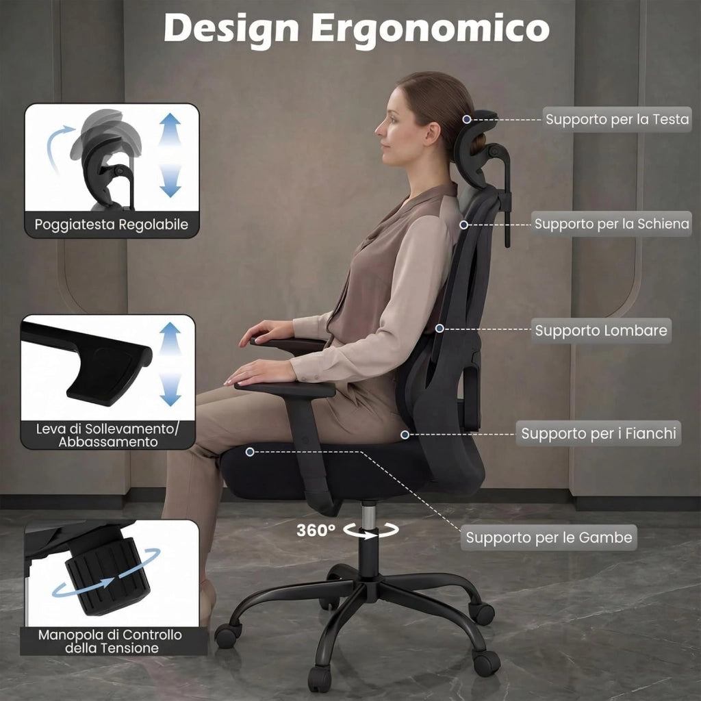 Sedia da Ufficio Ergonomica con Poggiatesta, Sedia da Scrivania con Schienale Regolabile, Supporto Lombare e Braccioli, Sedia da Lavoro Girevole per Computer per Casa, Ufficio e Studio