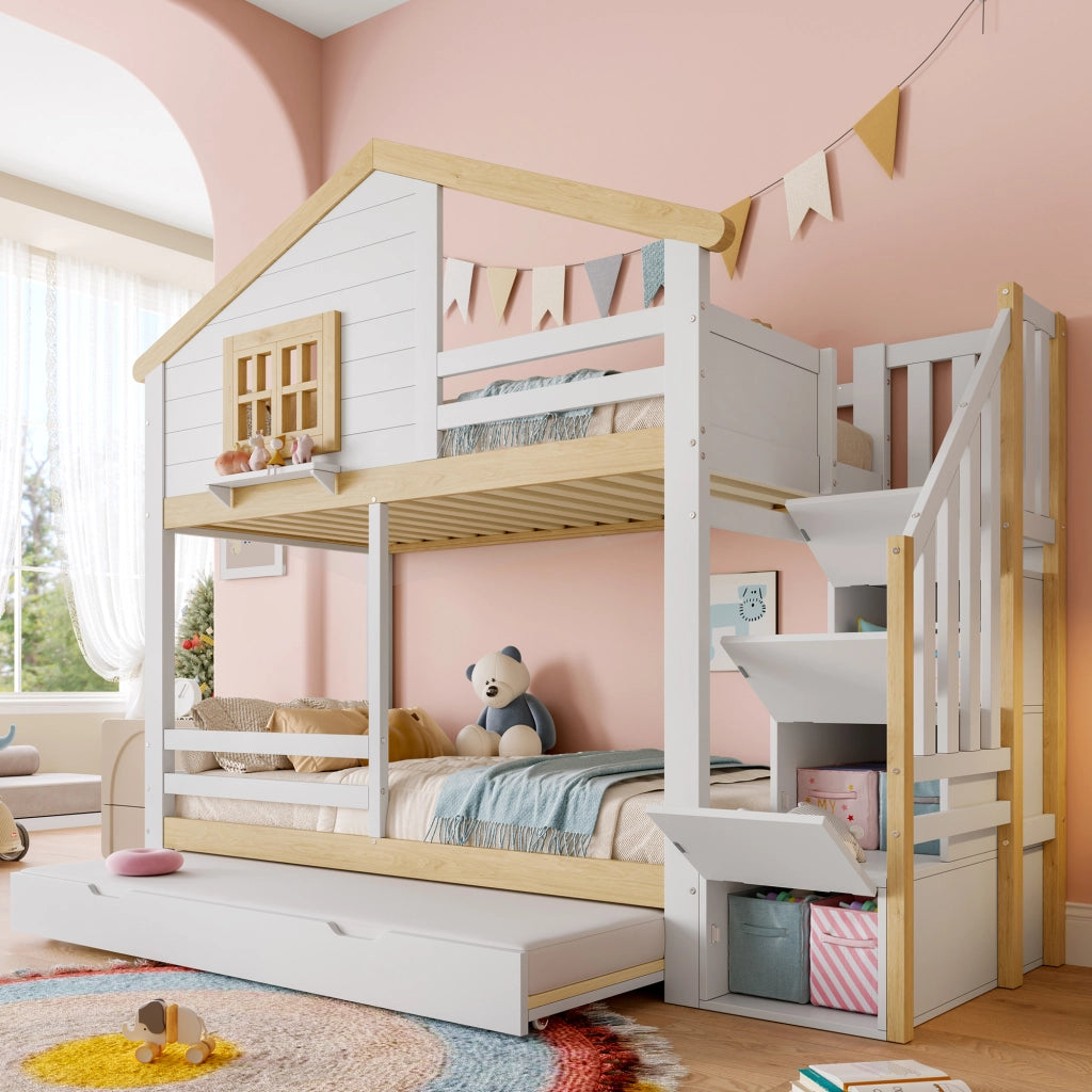 Letto a Castello 90x200 cm con Letto Estraibile; Sponde e Scala contenitore - Bianco
