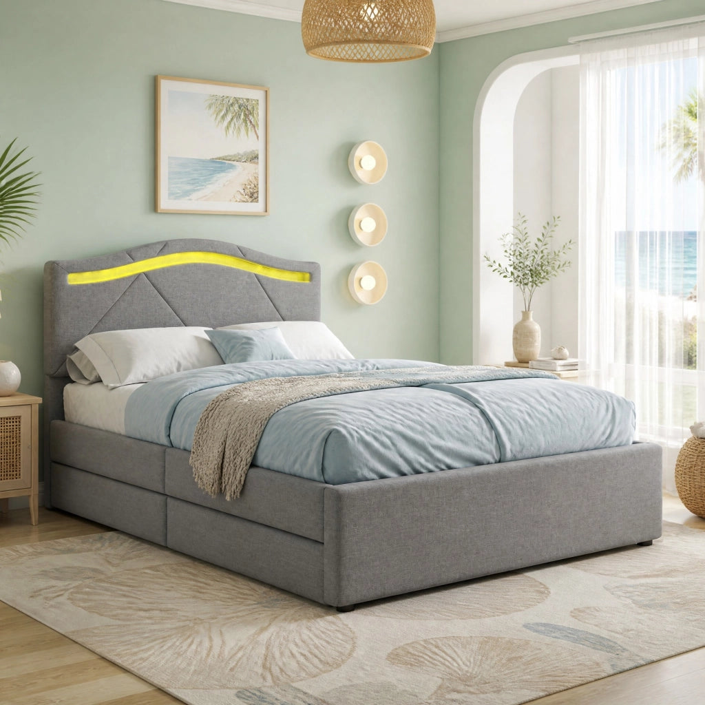 Letto singolo imbottito 90x200 cm con LED e 2 cassetti