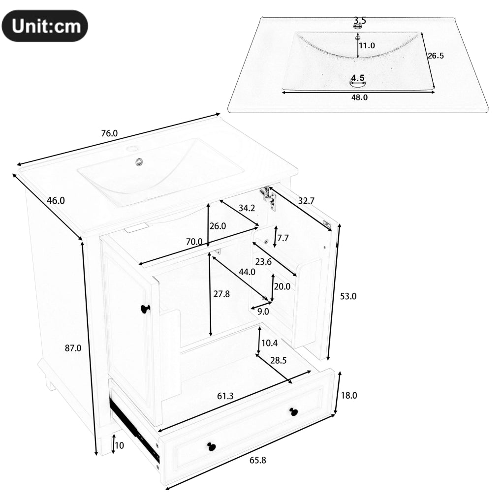 MOBILE Bagno con Lavabo 76x46x87 cm MDF e Ceramica Bianco