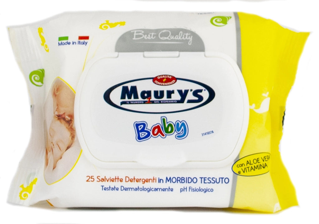 MAURY'S SALVIETTE DETERGENTI UMIDIFICATE PER BAMBINI BABY 25PZ ALOE VERA VITAMINA E BEST QUALITY