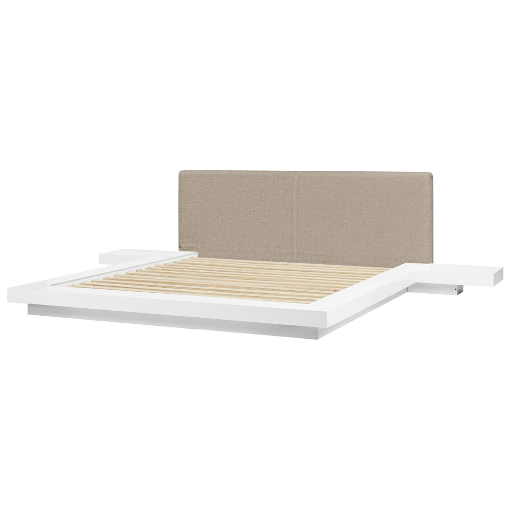 Letto matrimoniale con comodini a LED testata bouclé bianco in frassino bianco 180 x 200 cm  stile giapponese