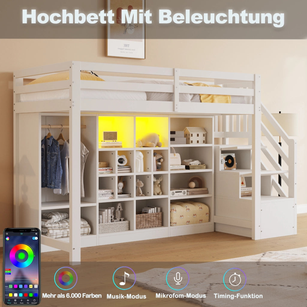 OKWISH Letto a Soppalco Singolo con Contenitore, Scaffali, Armadio e LED, 90 x 200 cm, senza Materasso, Bianco