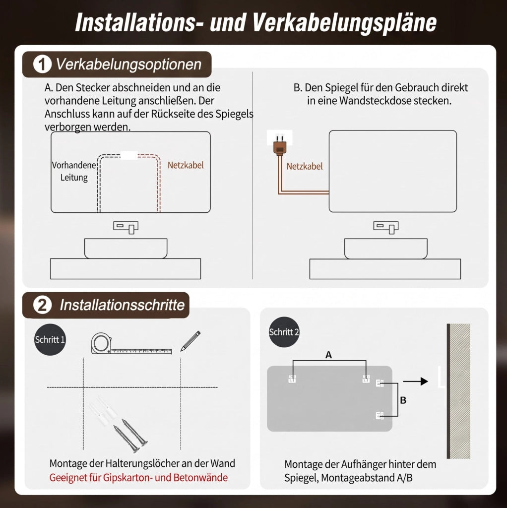 Specchio da bagno LED antiappannamento con memoria