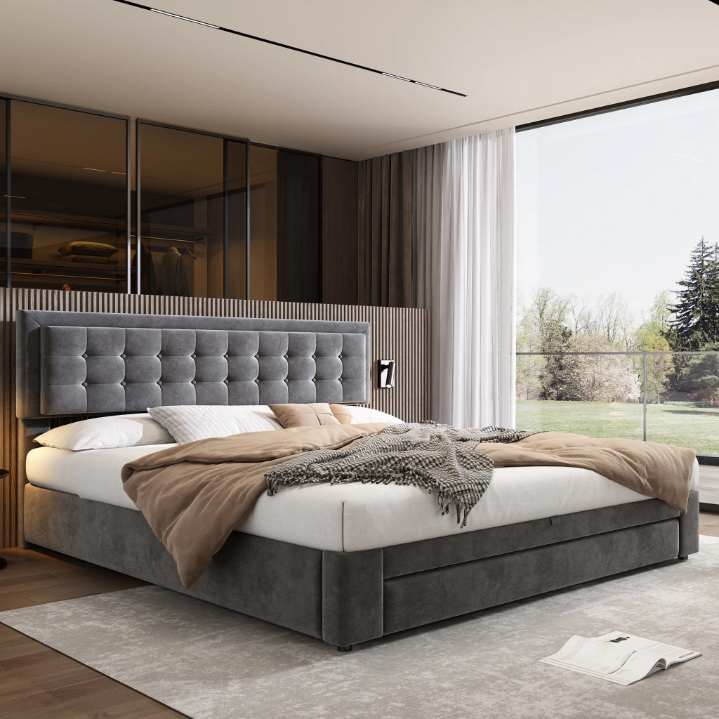 Letto contenitore – 160x200 cm – cassetti rete – velluto grigio