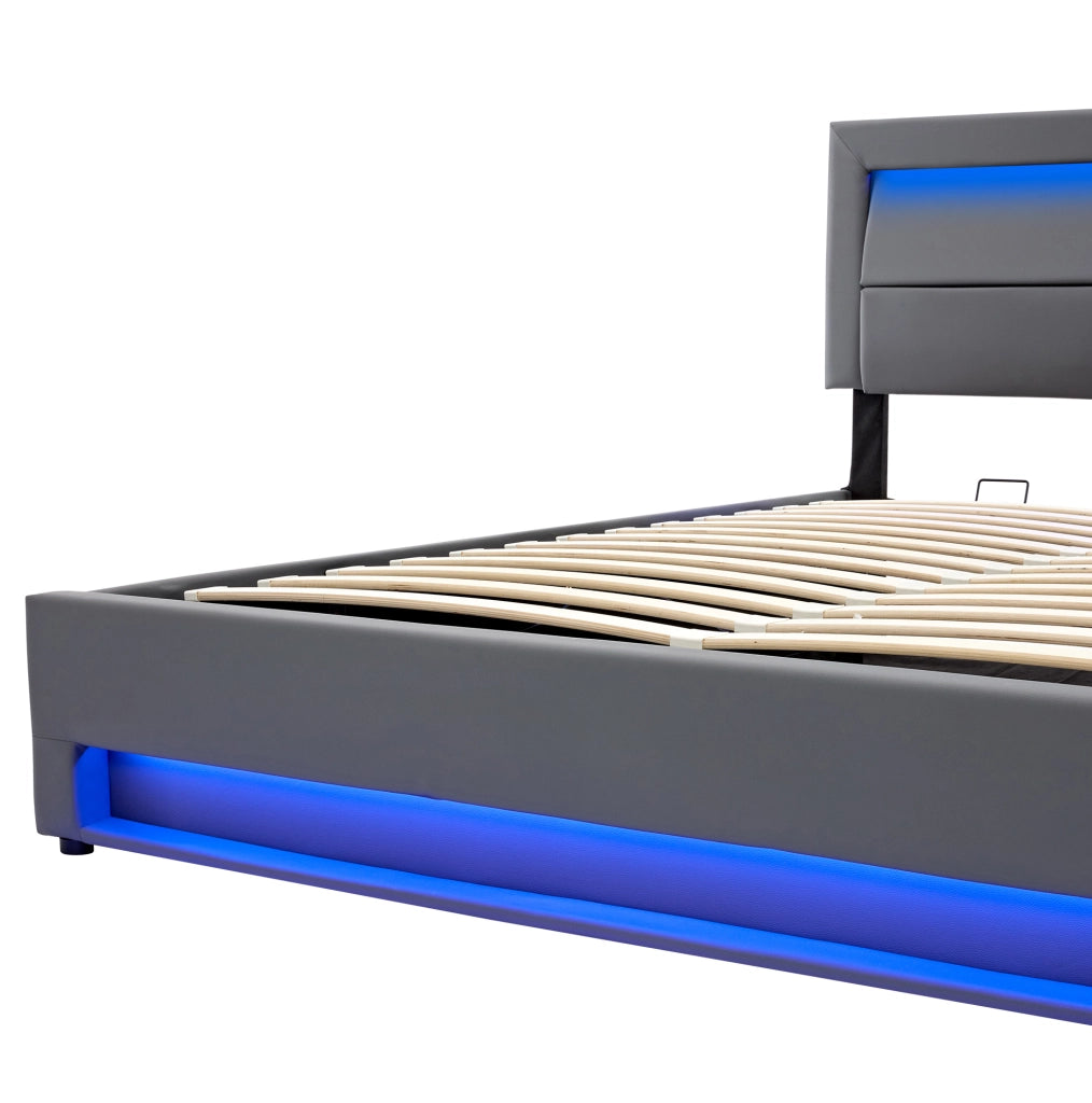 Letto imbottito 160x200 cm con LED, USB e contenitore grigio