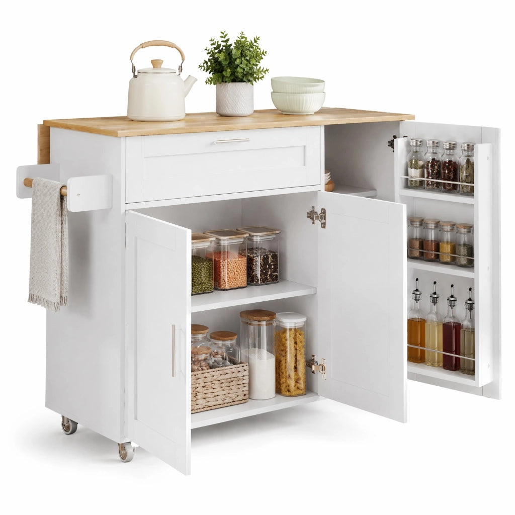 Carrello cucina con piano ribaltabile 132;5x44(70)x90 cm in MDF bianco naturale