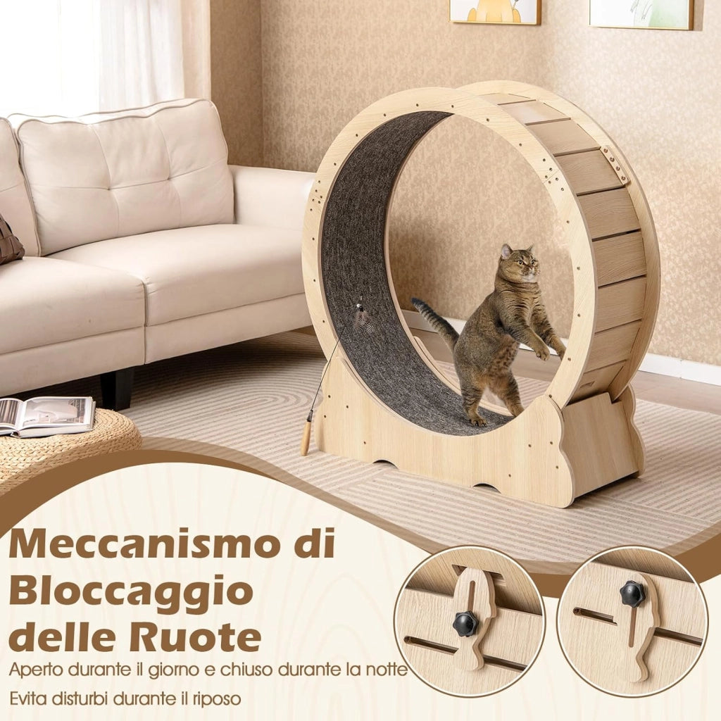 Ruota per Esercizio per Gatti da Interno 101 cm, Tapis Roulant per Gatti con Meccanismo di Blocco, Corsa con Moquette Rimovibile, Ruota di Allenamento in Legno a Rumore Ultra Basso