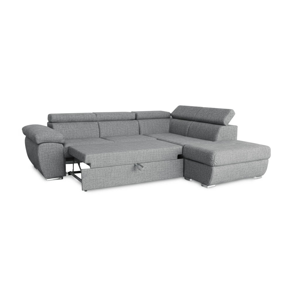 Divano Letto Angolare Fiona con Penisola Destra e Pouf Contenitore – Grigio