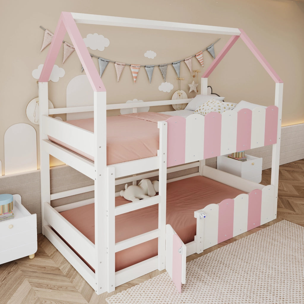 OKWISH Letto a Castello 90×200 cm, Letto Singolo con Design a Casetta, Scala Dritta e Sponde di Sicurezza, senza Materasso, Bianco e Rosa
