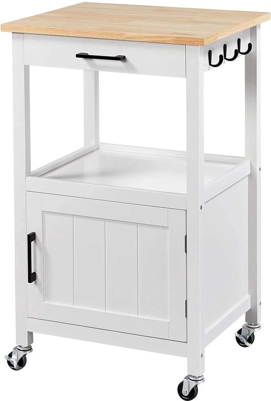 Carrello da cucina su ruote, vassoio con cassettone e piastra, piano di lavoro in legno, carrello su ruote 55 x 45 x 89 cm, carrello da cucina in stile rurale, bianco