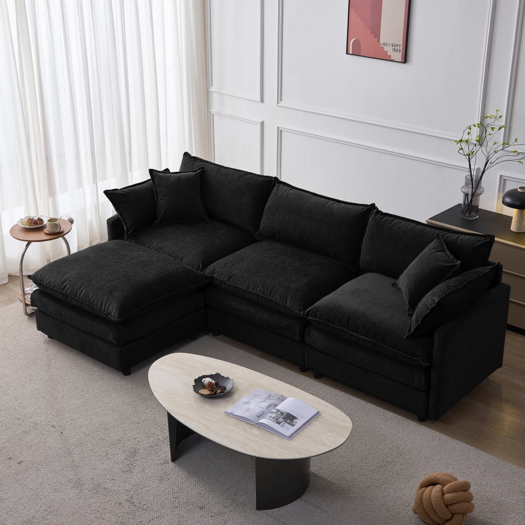 Divano angolare modulare 3 posti con pouf mobile e cuscini sfoderabili per soggiorno in chenille nero