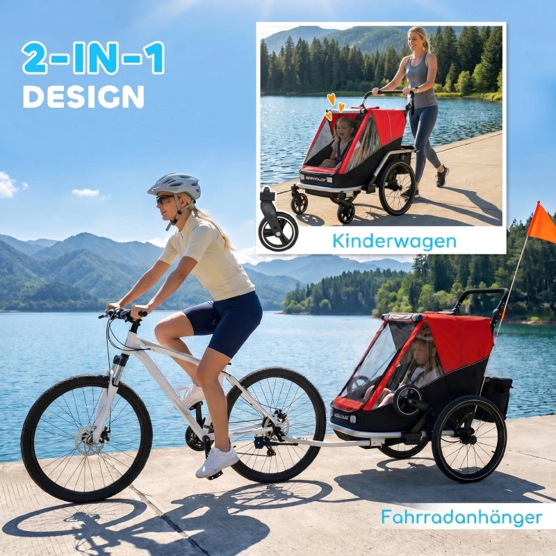 Rimorchio per bicicletta per bambini, 2 posti, rimorchio pieghevole 2 in 1 per bicicletta per bambini con sedile regolabile e cinghie, rosso